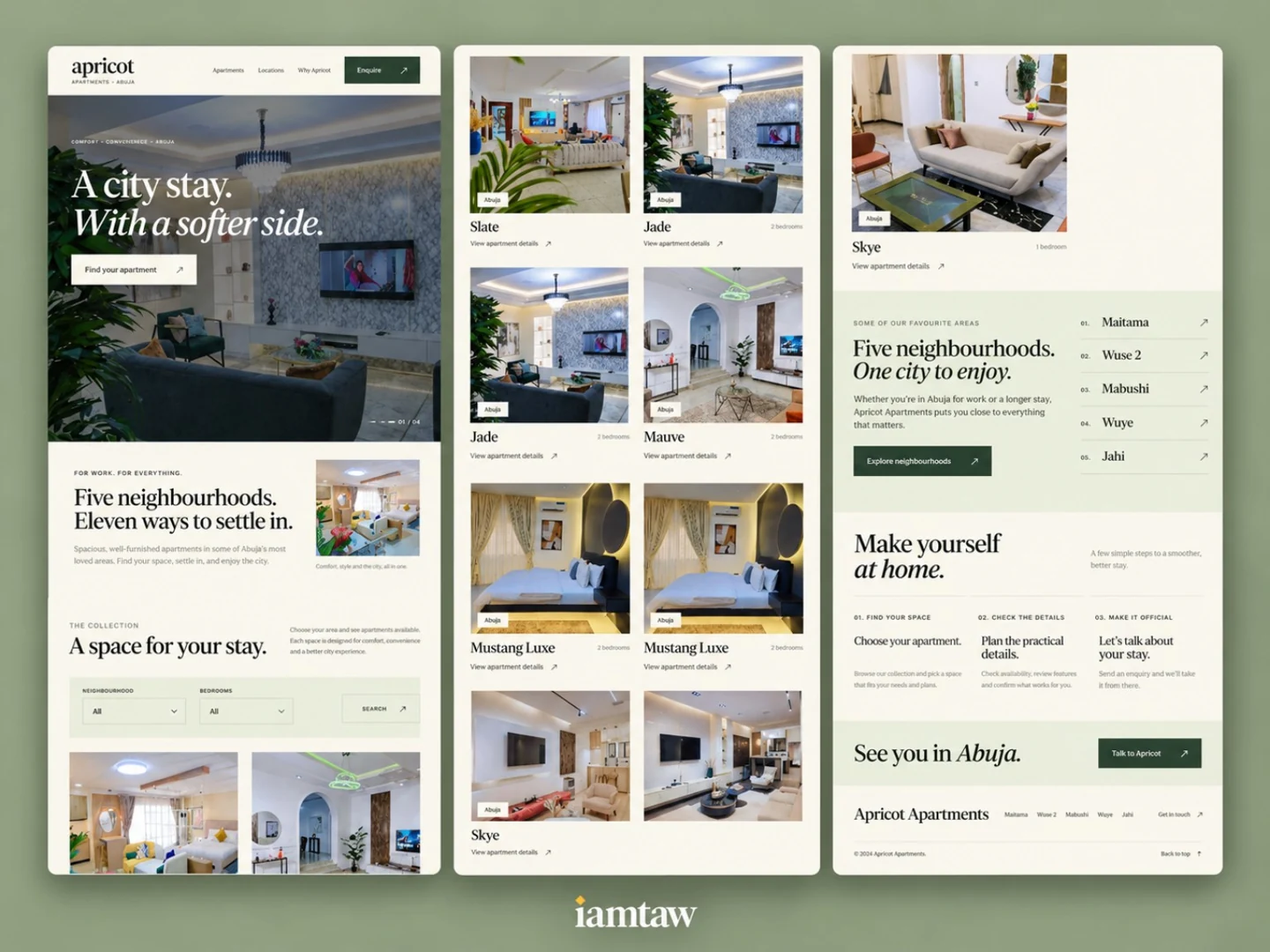 Apricot Apartments website mockup showing several page layouts