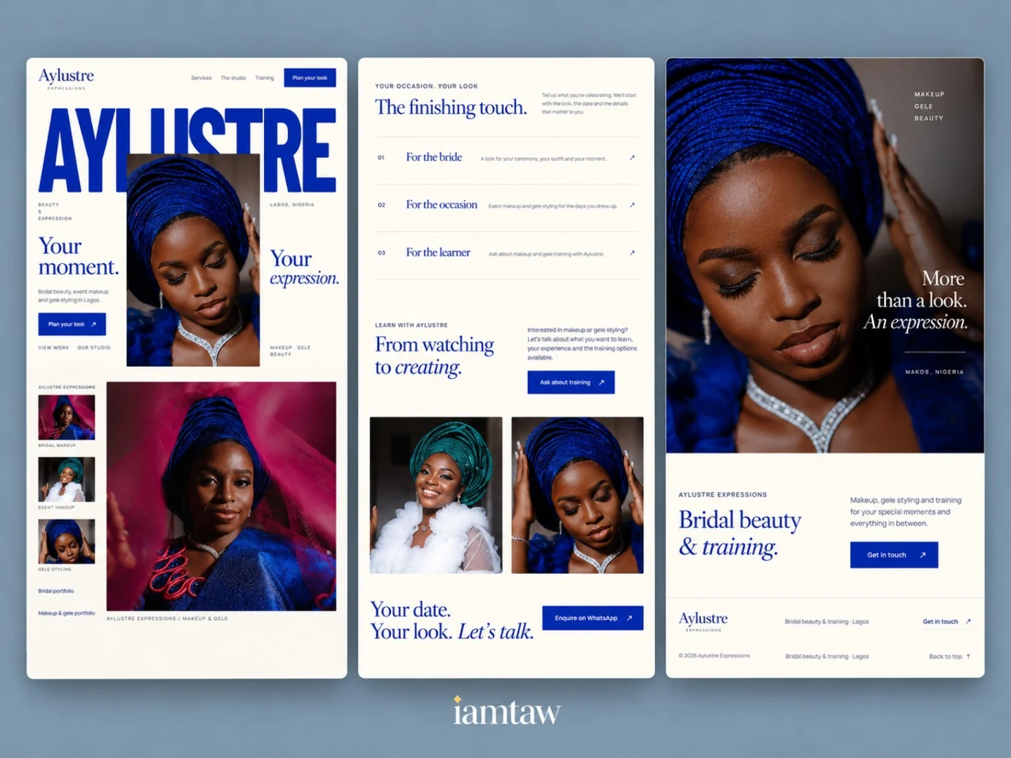 Aylustre Expressions website mockup showing several page layouts