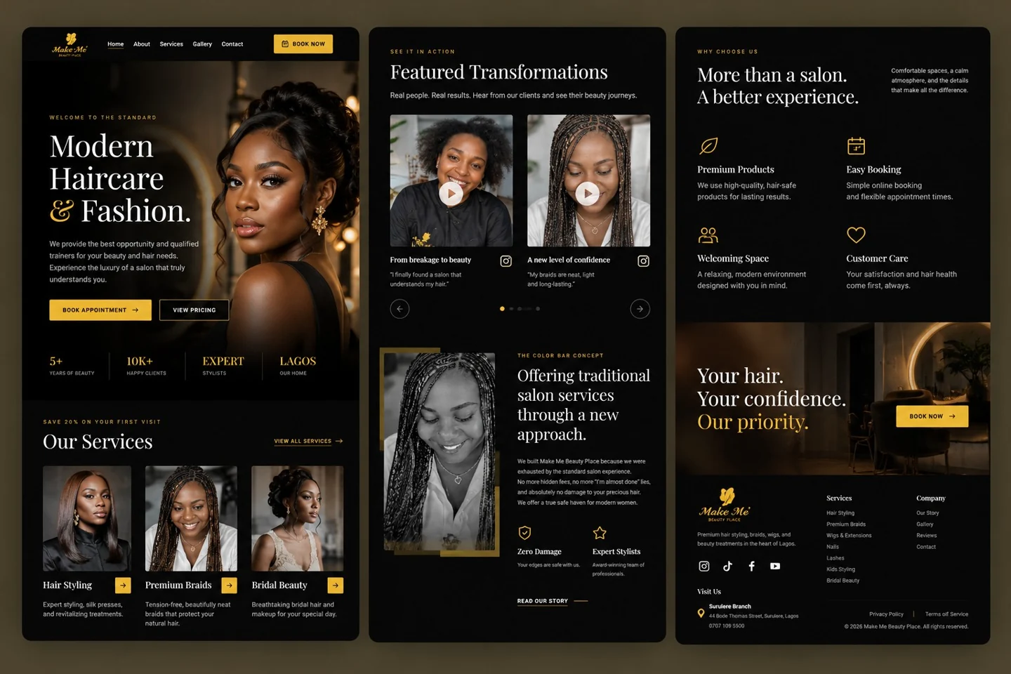 Make Me Beauty Place website mockup showing several page layouts