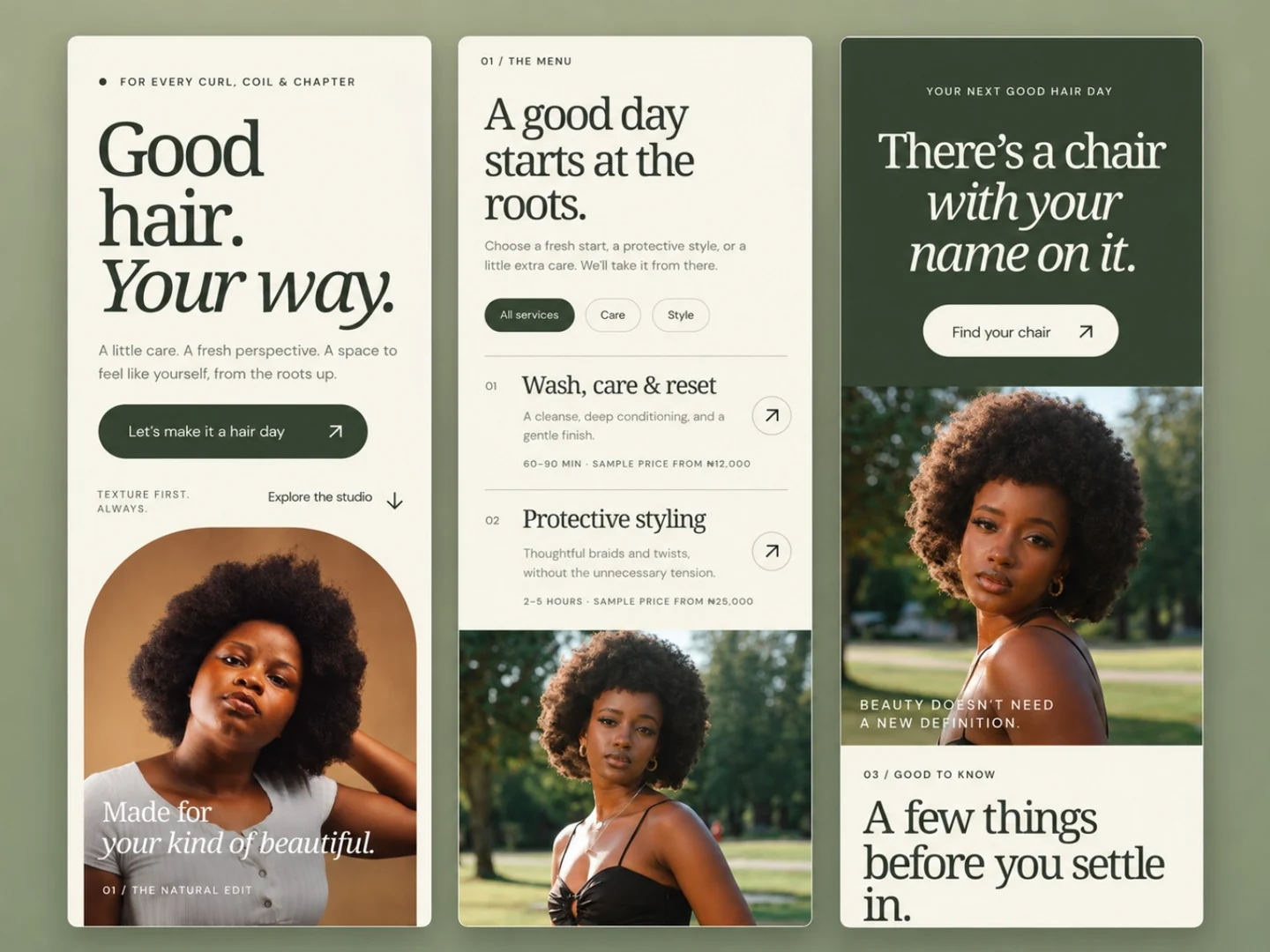 ORÍ website mockup showing several page layouts