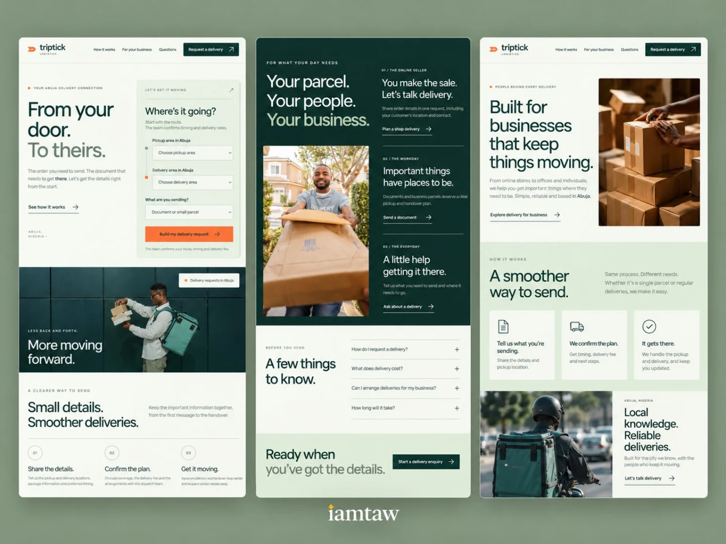 Triptick Logistics website mockup showing several page layouts