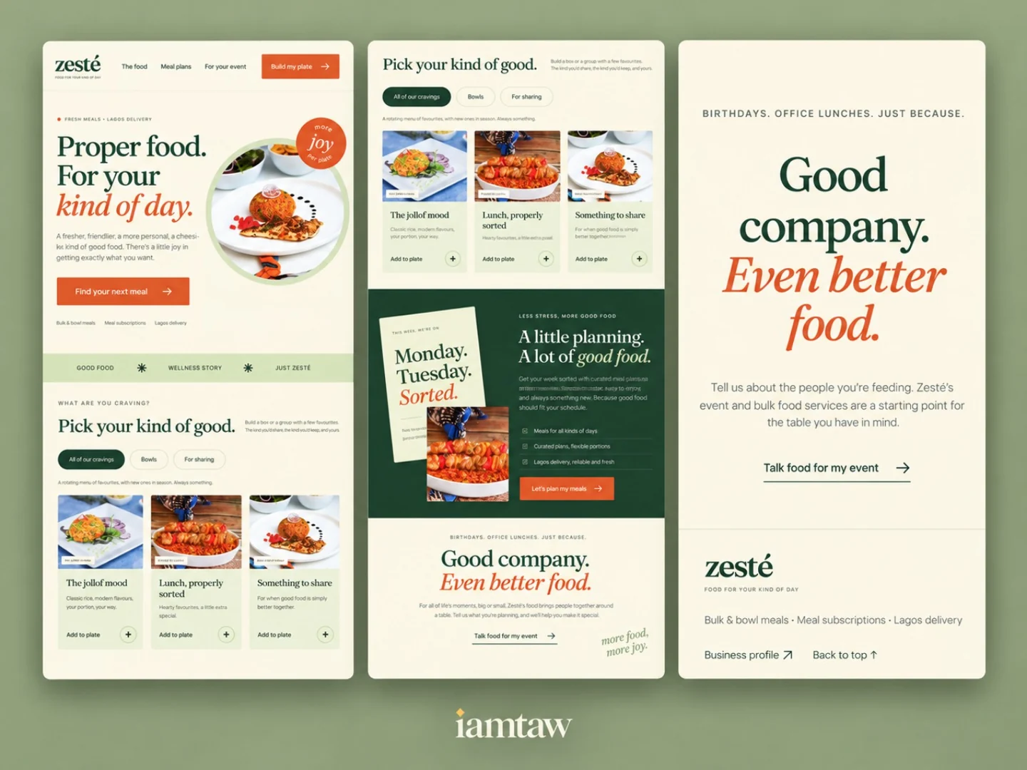 ZestéFoods website mockup showing several page layouts